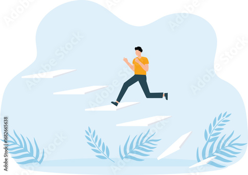 Businessman climbing the imaginary steps to reach higher destination for business success concept,

