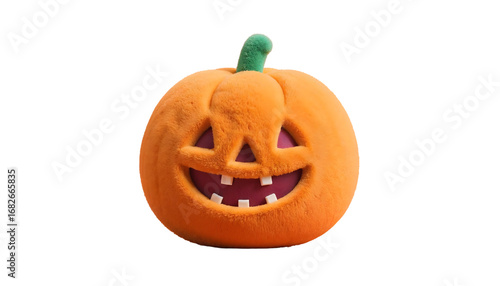 Plush jack-o’-lantern pumpkin toy with friendly carved smile and green stem — cozy Halloween plushie product shot for seasonal decor, children’s gifts, party supplies,  on white background png file