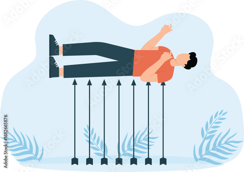 Man lying on a bed of arrows for business mistakes concept, 

