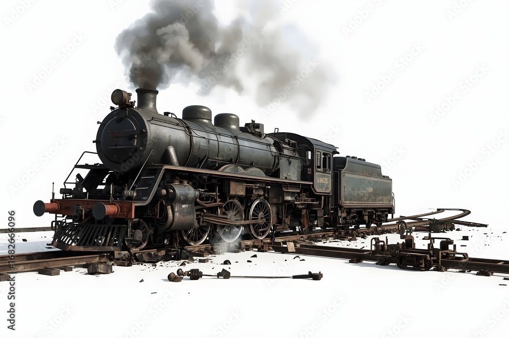 Naklejka premium Vintage steam train derailed, white background, smoke