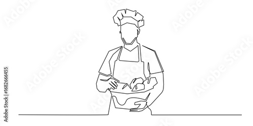 Continuous line illustration of a baker carrying fresh bread. Simple one line drawing style, minimalist and elegant, perfect for bakery logo, branding, or culinary themed artwork.