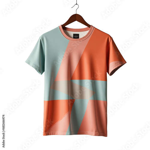 A vibrant, geometric tee features a bold design of overlapping triangles in peach, light teal, and coral hues.