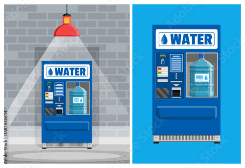 Blue water vending machine with a large bottle inside it. Automated self service dispenser for potable clean drinking water.