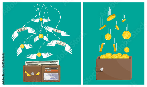 Money flying out of a wallet and coins falling into another wallet. Financial loss and gain concept. Vector flat illustration.