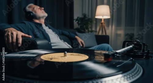 Elderly caucasian man relaxing with vinyl record player in cozy living room