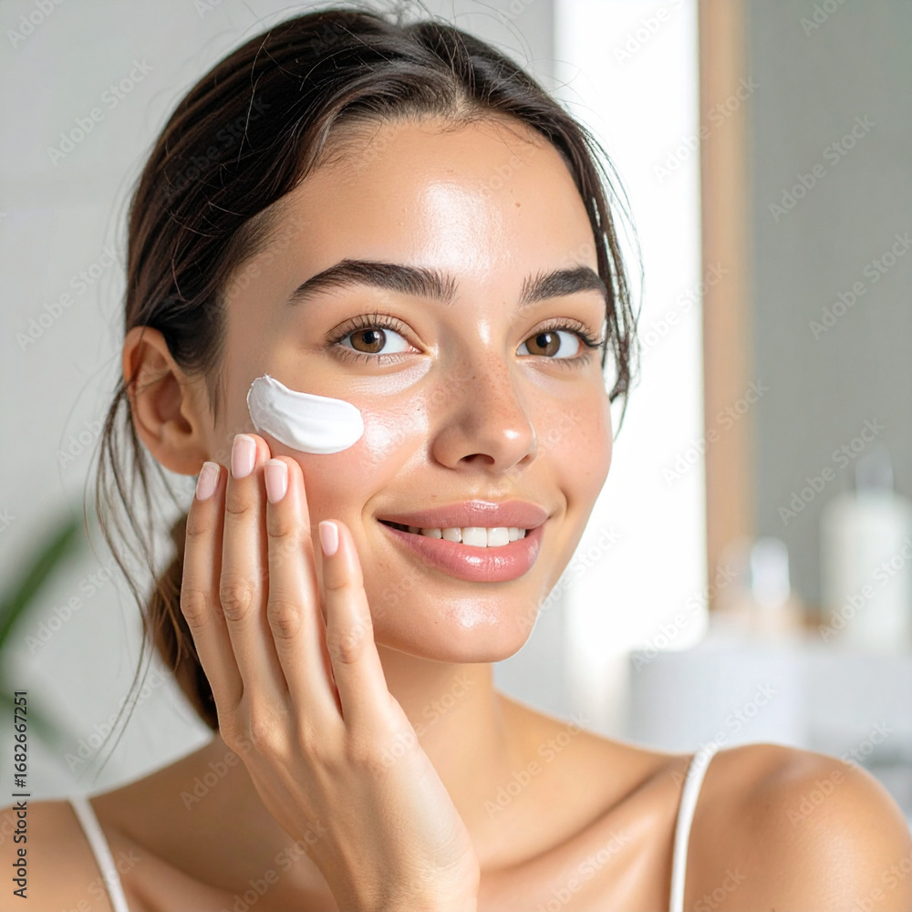 Fototapeta Portrait of a young woman applying moisturizer on her cheek, natural glowing skin, minimal makeup, soft studio lighting, bathroom background slightly blurred, skincare beauty concept