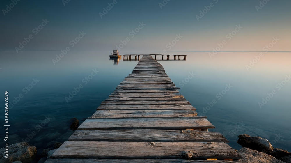 Fototapeta premium A serene wooden pier extends into calm waters under a tranquil sky, creating a peaceful atmosphere perfect for reflection.