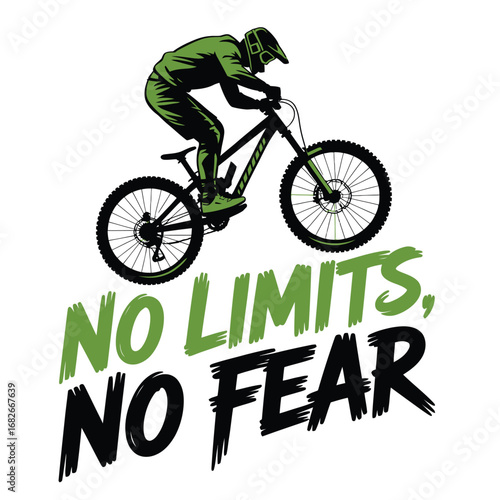 Conquer your challenges with daring downhill mountain biking action and the powerful mantra "No Limits, No Fear" inspiring adventure.