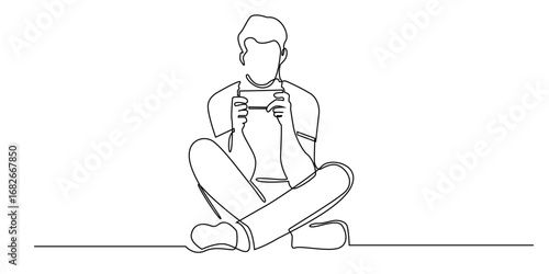 One line drawing of a boy playing mobile game. Minimalist gamer illustration symbolizing digital lifestyle, technology, fun, and entertainment in continuous line art.