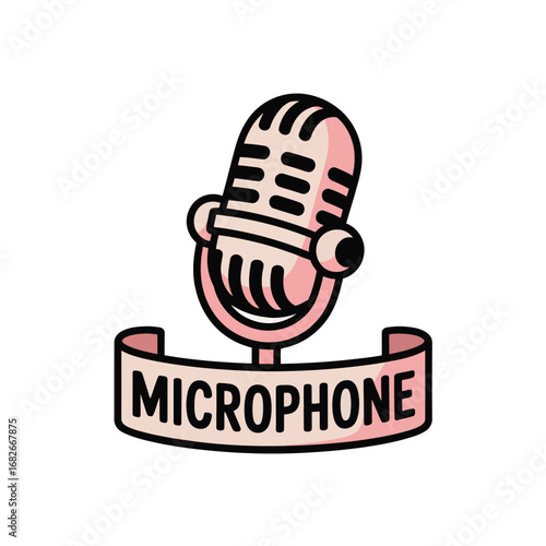Retro microphone with banner and text on white background vintage music