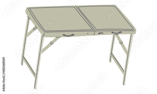 Foldable suitcase table. Flat table for food, versatile. Flat, isolated color illustration. Easy to transport, foldable with handles. Stands sideways. Design for postcards. Picnics, hiking, camping