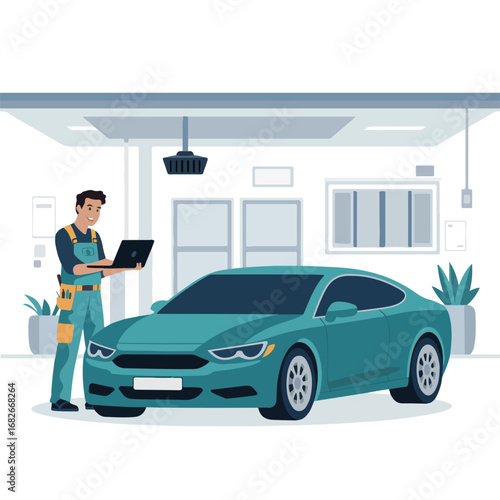 Mechanic with laptop diagnosing car in garage