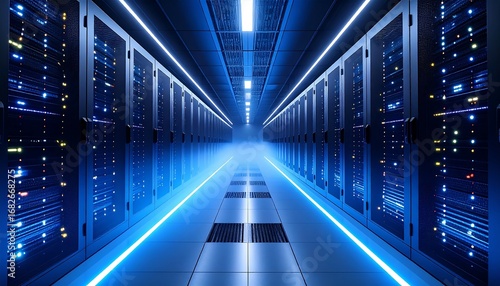 A perspective view of a data center hallway  lined with rows of server racks. 