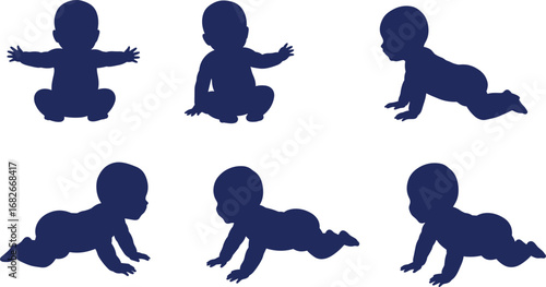 Baby silhouette vector, infant crawling and sitting stages, newborn growth development illustration, toddler posture, child early movement icons for design