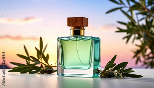 Green-tinted perfume bottle with a wooden cap, set against a blurred sunset and olive branches, evoking luxury and natural elegance on a white surface