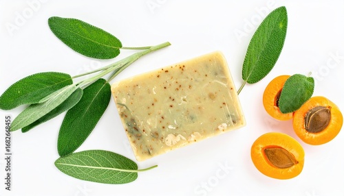 Top-down view of a soap bar with sage leaves and halved apricots, showcasing natural elements on a white background, promoting eco-friendliness