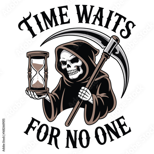 Grim Reaper holding hourglass symbolizing time waits for no one, perfect for motivational or cautionary designs