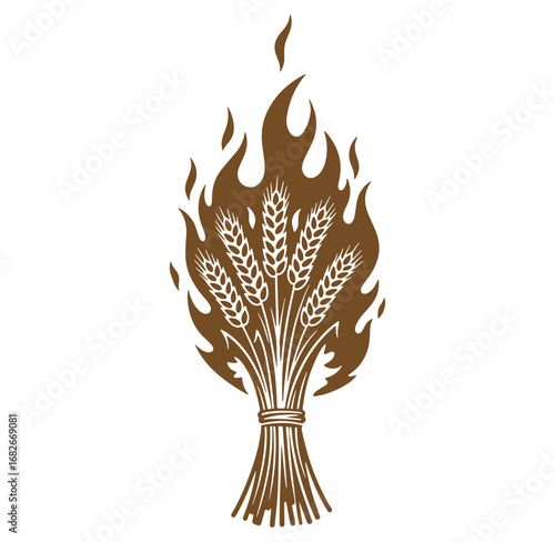 Symbolic illustration of wheat in flames representing agriculture and harvest with decorative elements