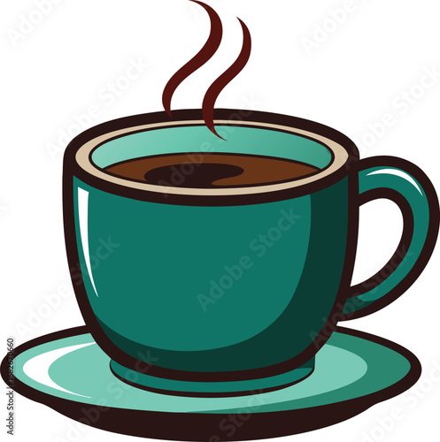 A steaming hot cup of coffee, a tea mug, or a coffee cup with a morning breakfast illustration