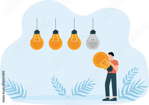 Happy genius young man holding light bulb, The concept of generation of innovative ideas and creative thinking with imagination concept,

