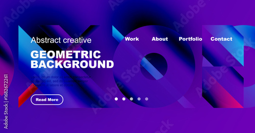 Abstract geometric background design. Vibrant purple, blue hues dominate. Website header includes navigation options, text elements.