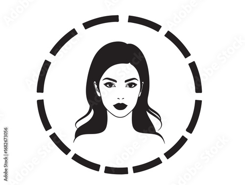 Girl face beauty with broken dashed circle in silhouette white background.