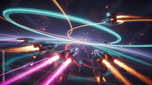 Futuristic spaceships race through a neon grid in a highspeed chase showcasing advanced technology and thrilling science fiction elements in space.