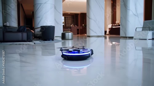 Automated cleaning drone in a modern hotel lobby