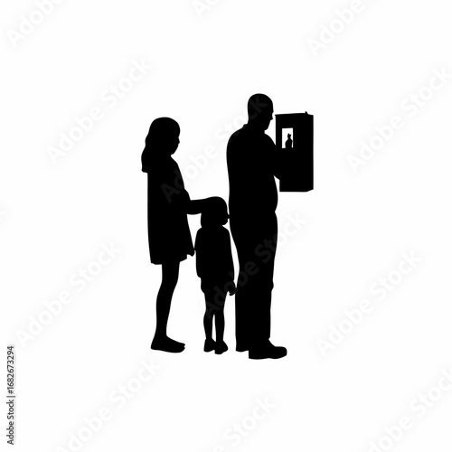 Family silhouette checking electricity meter together on white background
