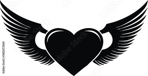 Black heart with spread wings silhouette symbolizing love and freedom