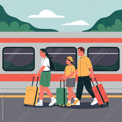 Family with luggage walking along train station platform on vacation trip