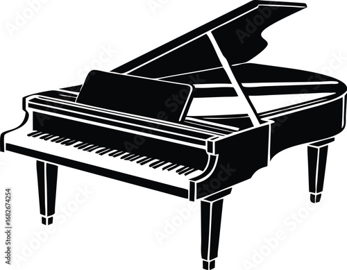 Elegant grand piano with open lid and sheet music stand in a classic silhouette