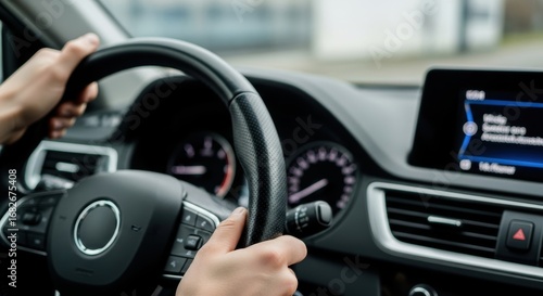 Female driver handling steering wheel in modern car interior with display screen