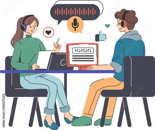 Young woman and man podcasting together, using laptops and microphones, engaging with online audience.