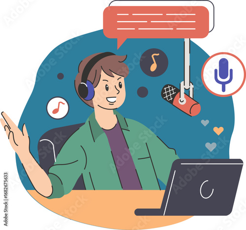 Happy podcast host broadcasting live, using microphone and laptop.