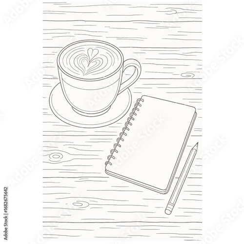 Clean outline vector illustration of a coffee latte with a closed book and reading glasses on a wooden table.