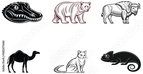 Collection of six animal illustrations in black and white