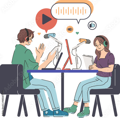 Two podcast hosts recording an episode together, using microphones and laptops.