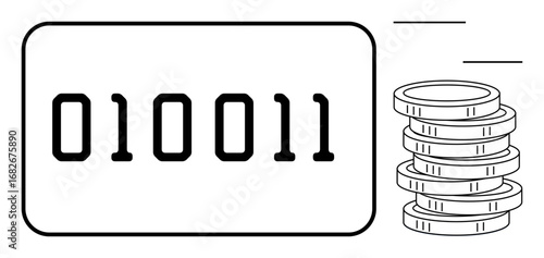 Binary code inside a rectangle next to stacked coins conveys financial technology, data monetization, cryptocurrency, blockchain, fintech, coding, and data economy. Minimalist flat metaphor