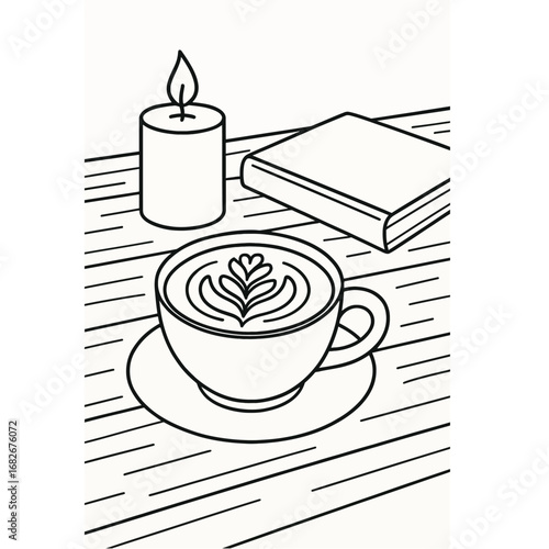 Clean line vector illustration of a coffee latte with a book and vintage lamp on a wooden table