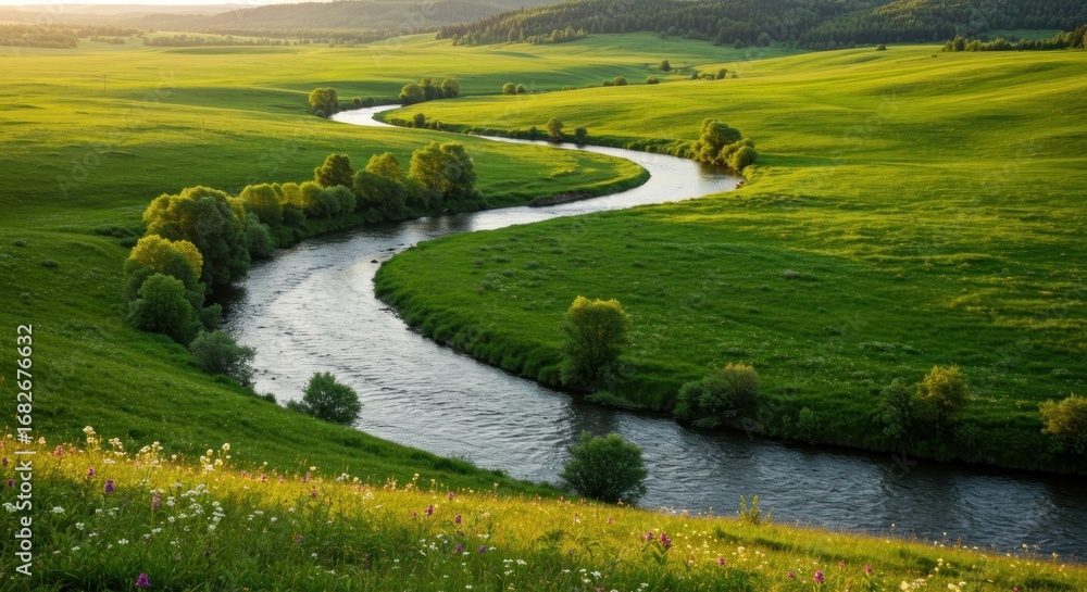 Obraz premium Winding river through lush green hills at sunset