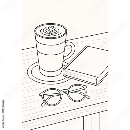 Artwork Coffee latte with closed book and reading glasses on wooden table