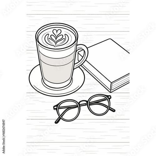Illustrator Coffee latte with closed book and reading glasses on wooden table