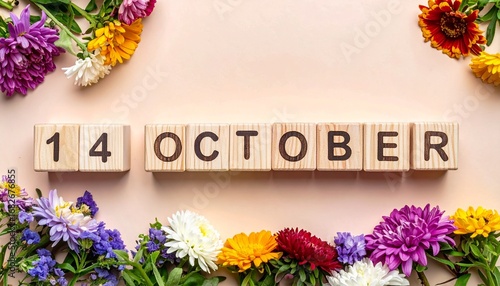 Wooden Blocks with Date 14 October. Floral Calendar – Vibrant Flowers on Solid Colored Background
