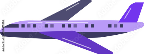 A stylized, purple airplane with dark wings and windows is depicted in a flat, side-view illustration.