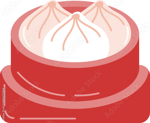 A vibrant illustration of three steaming, delicate dumplings nestled within a traditional red bamboo steamer basket, ready to be enjoyed.