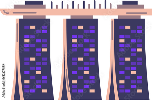 Modern architectural marvel with three distinct towers joined by an elevated platform, depicted in a flat graphic style.