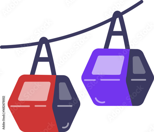 Two colorful cable car gondolas suspended from a cable, representing mountain transport or a ski lift.
