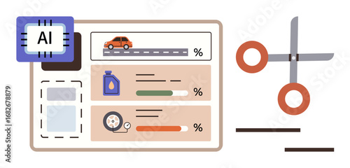 AI chip analyzing a cars fuel level, tire pressure, and distance in a detailed dashboard. Scissors symbolize adjustments or customization. Ideal for technology, automation, analytics, vehicle