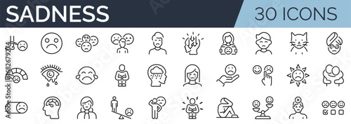 Set of 30 outline icons related to sadness. Linear icon collection. Editable stroke. Vector illustration
